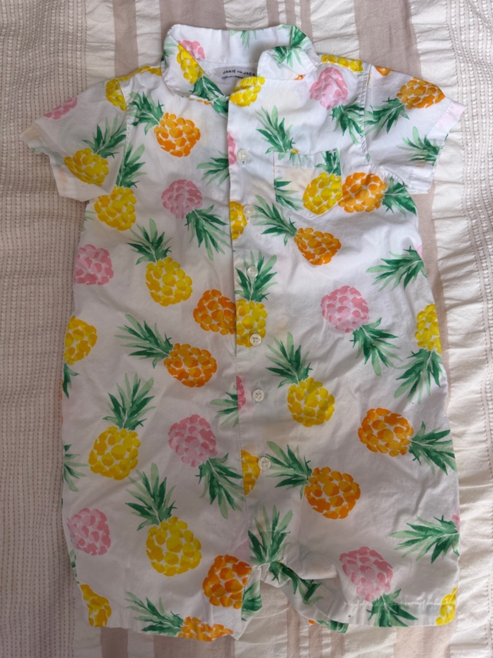 Janie and Jack White Romper with Pastel Pink, Green, and Yellow Floral Accents